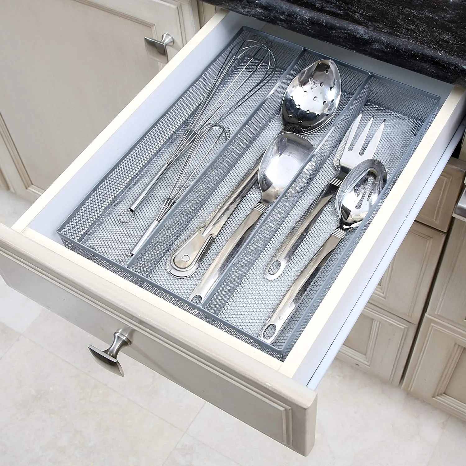 3-Compartment Mesh Drawer Organizer - Silver