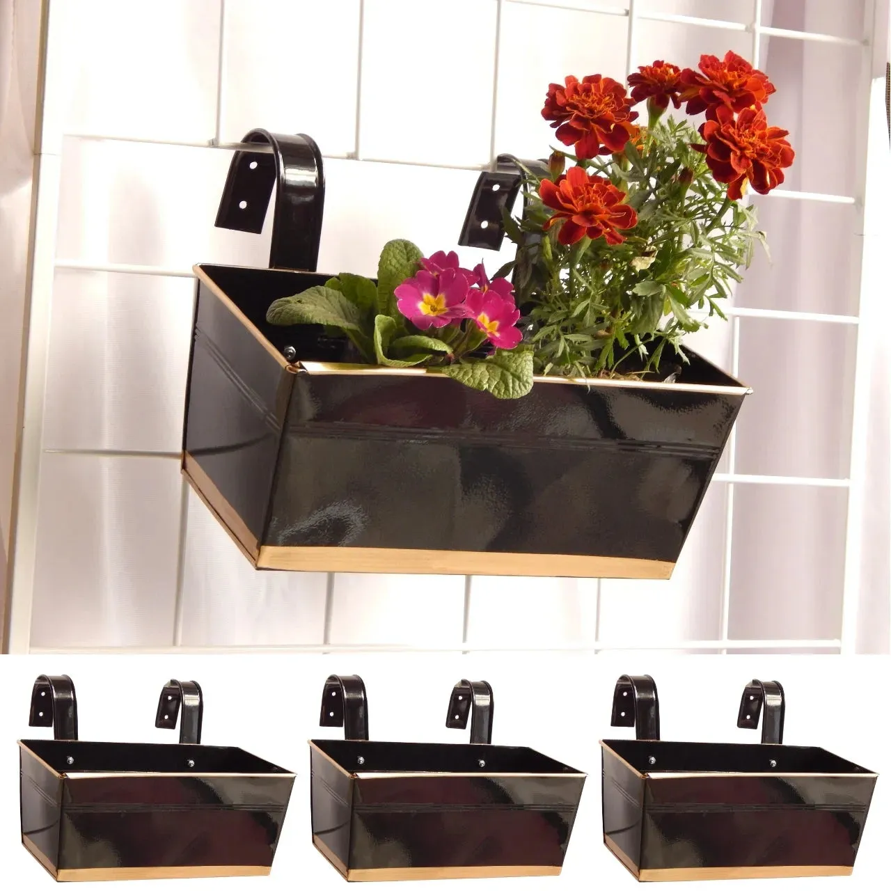Arractive Metal Design Rectangle Balcony Hanging Planters  | Set Of 3| Flowers Not Included