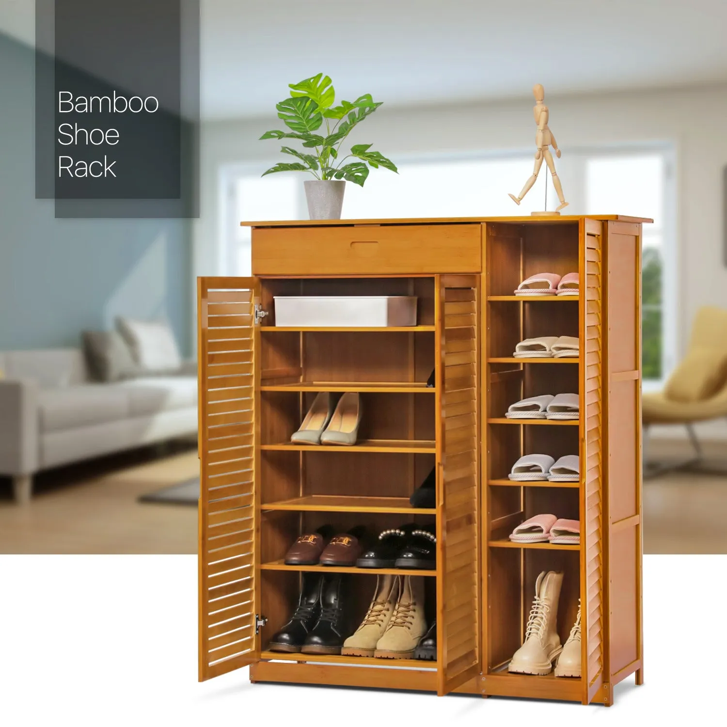 Louver Panel Shoe Cabinet - 39" - with Drawer - Brown