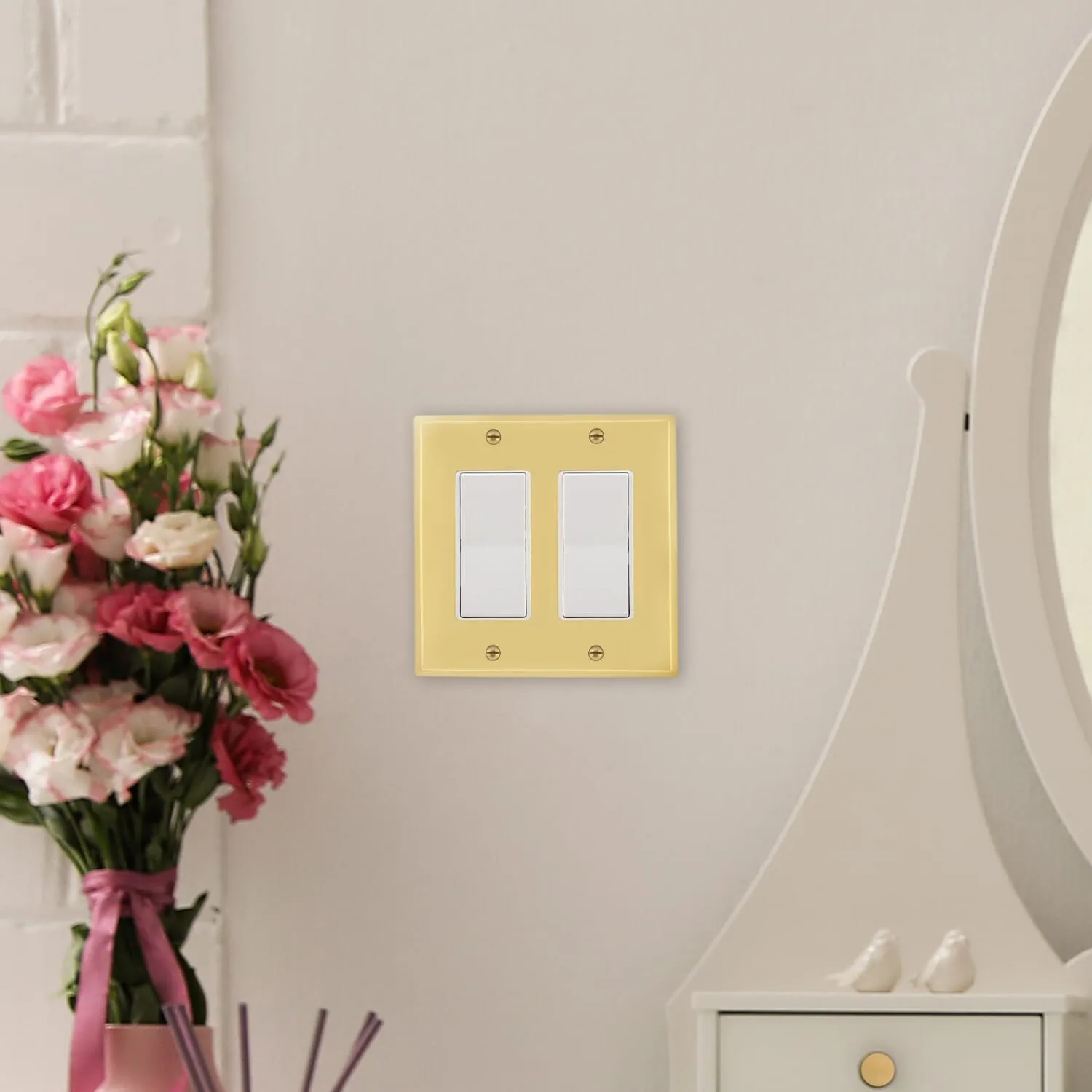 New York Switch Plate with Double Rocker in Unlacquered Brass