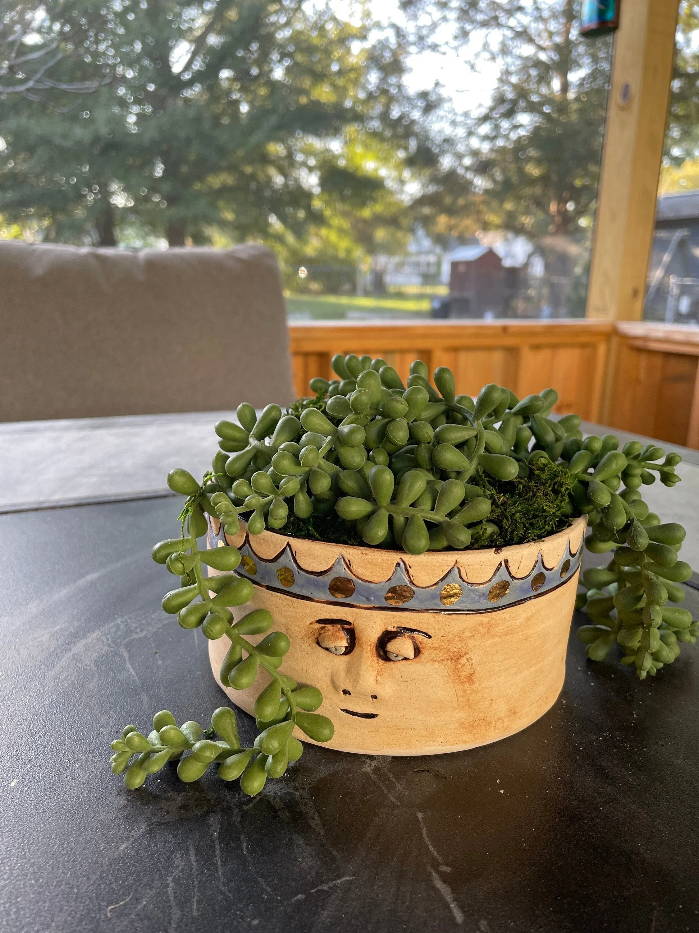 Pottery, Hand-made, Planter, with Face - Pottery Gold Trim, succulents, Gift, Drainage Hole, cute, whimsical, 5.5"diameter, 2.5 deep