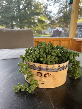 Pottery, Hand-made, Planter, with Face - Pottery Gold Trim, succulents, Gift, Drainage Hole, cute, whimsical, 5.5"diameter, 2.5 deep