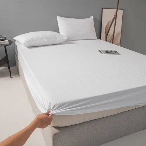 Premium 6 Piece King Size Duvet Cover Satin Stripe Solid White.
