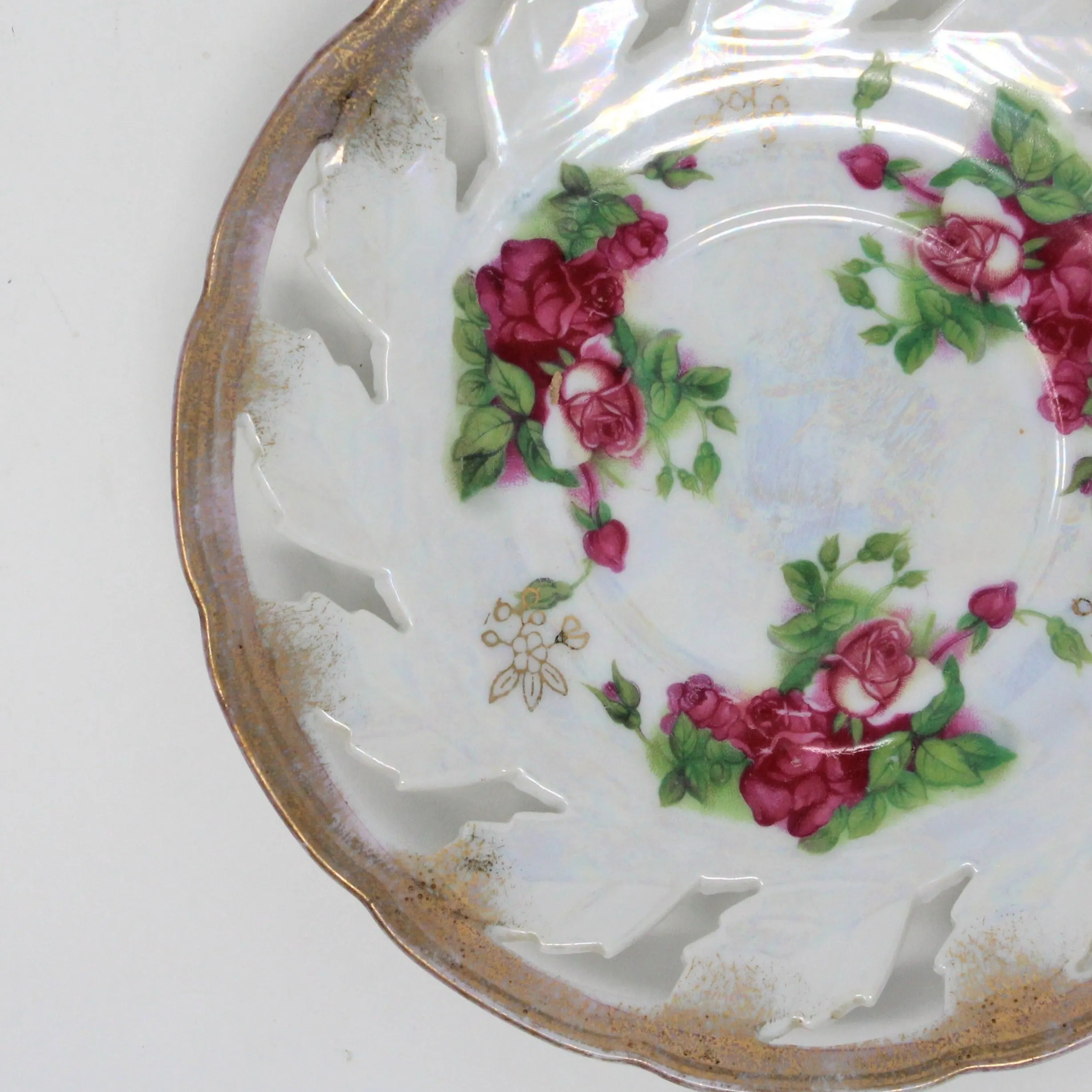 Saucer / Plate, Fred Roberts Co, Reticulated Iridescent Lusterware, Pink Roses, Vintage